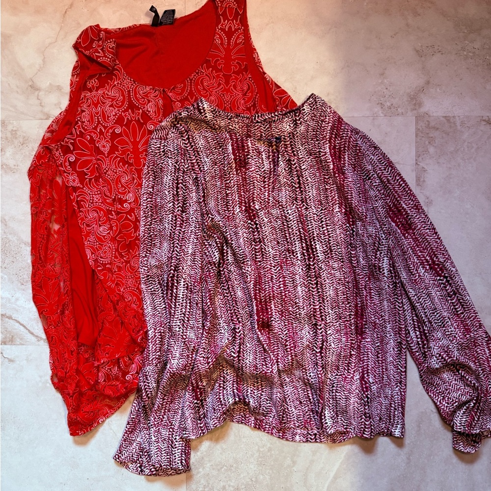 Roz & Ali Vibrant Red Lace Top and Chic Pink Blouse